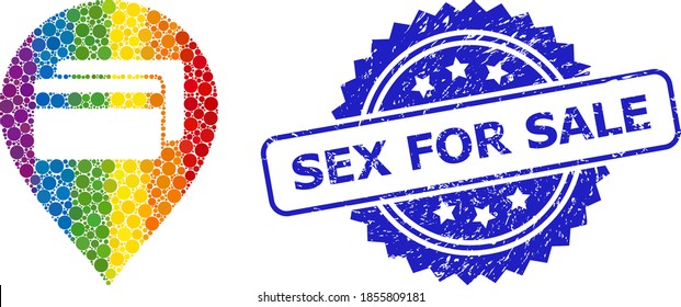 Rainbow gradient colorful round dot mosaic bank card pointer, and Sex for Sale corroded rosette seal. Blue stamp seal includes Sex for Sale tag inside rosette.