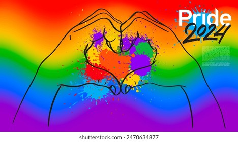 Degradado arcoiris en los colores de la bandera del orgullo LGBT 2024. Anuncio para el mes del orgullo con las manos en forma de corazón y el trazo del cepillo, salpicadura de colores. Un símbolo de orgullo y Vector de fondo de la Asistencia de junio.