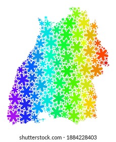 Regenbogen Farbverlauf-Komposition der Baden-Württemberg Landkarte kombiniert für Winterwerbung. Das Landkarten-Mosaik Baden-Württemberg ist aus mehrfarbigen Schneegegenständen entworfen. Für Neujahrsanzeigen konzipiert.