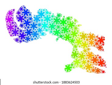 Composición del gradiente arcoiris del mapa de la isla de Baffin construido para las vacaciones de Año Nuevo. El mosaico de mapas de la isla de Baffin se organiza a partir de elementos de nieve brillantes. Diseñado para anuncios de Año Nuevo.