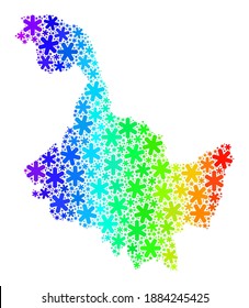 Rainbow gradient composition of Heilongjiang Province map done for New Year celebration. Heilongjiang Province map mosaic is made of multicolored snowflakes. Designed for New Year purposes.