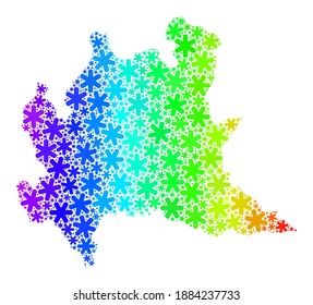 Regenbogen Farbverlauf-Zusammensetzung der Lombardei Region Karte für den Weihnachtsverkauf konstruiert. Die Landkarte des Lombardei-Mosaiks ist aus pulsierenden Schneeteilen aufgebaut. Entwickelt für den Verkauf zu Weihnachten.