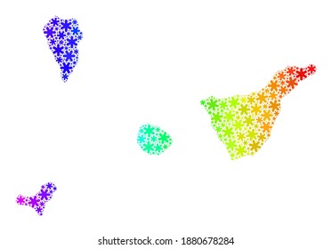 Composición de gradiente arcoiris del mapa de la provincia de Santa Cruz de Tenerife hecho para las ventas navideñas. El mapa de mosaicos de la provincia de Santa Cruz de Tenerife está organizado con elementos de nieve coloridos.