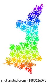 Rainbow gradient composition of Shaanxi Province map done for New Year celebration. Shaanxi Province map mosaic is designed with colorful snow icons. Designed for New Year purposes.