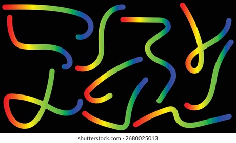 Rainbow Gradient Curved Lines on Black Background – Vibrant Colorful Neon Light Trails, Modern Digital Art Design, Futuristic Wavy Pattern Illustration