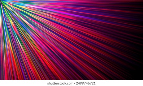 Rainbow gradient dispersion glowing rays and flare effects on dark background. Dynamic design with colorful flowing vibrant radiant beams for creative poster, banner or cover. Vector illustration