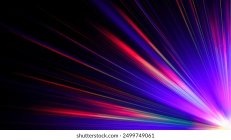 Rainbow gradient dispersion glowing rays and flare effects on dark background. Dynamic design with colorful flowing vibrant radiant beams for creative poster, banner or cover. Vector illustration