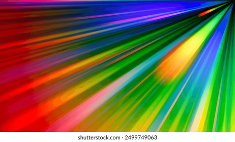 Rainbow gradient dispersion glowing rays and flare effects on dark background. Dynamic design with colorful flowing vibrant radiant beams for creative poster, banner or cover. Vector illustration