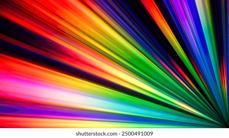 Rainbow gradient dispersion glowing rays and flare effects on dark background. Dynamic design with colorful flowing vibrant radiant beams for creative poster, banner or cover. Vector illustration