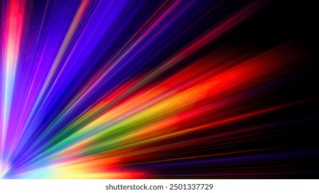 Regenbogen-Gradientendispersion leuchtende Strahlen und Fackeleffekte auf dunklem Hintergrund. Dynamisches Design mit bunt fließenden lebendigen Strahlen für kreatives Poster, Banner oder Cover. Vektorgrafik