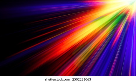 Rainbow gradient dispersion glowing rays and flare effects on dark background. Dynamic design with colorful flowing vibrant radiant beams for creative poster, banner or cover. Vector illustration