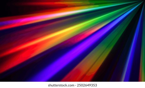 Dispersión de gradiente de arco iris rayos brillantes y efectos de destellos sobre fondo oscuro. Diseño dinámico con vigas radiantes vibrantes que fluyen coloridas para el cartel creativo, el Anuncio o la cubierta. Ilustración vectorial