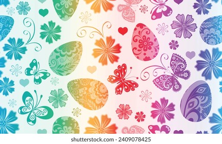 Rainbow gradient elegant spring Easter pattern with painted eggs, flowers and butterflies on a white background. Vector image
