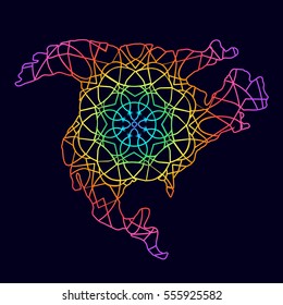 Rainbow gradient ethnic culture map the mosaic of the continent and the mainland of line ornament North America. Mandala. Abstract postcard poster and pattern art. Vector illustration on background.