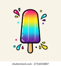 Paleta de helado de gradiente de arco iris con patrón de punto de medio tono de arte pop retro y salpicaduras de colores, Ilustración vectorial