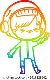 Rainbow Gradient Line Drawing Of A Angry Cartoon Space Girl Holding Up Two Fingers