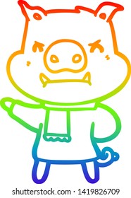 rainbow gradient line drawing of a angry cartoon pig in winter clothes