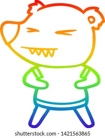 rainbow gradient line drawing of a angry bear cartoon in t shirt