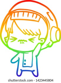 rainbow gradient line drawing of a angry cartoon space girl waving