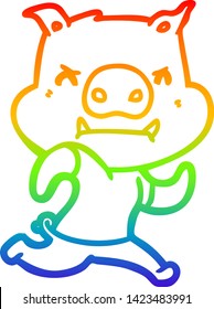 dibujo de una línea de gradiente de arco iris de un cerdo de caricatura enojado corriendo