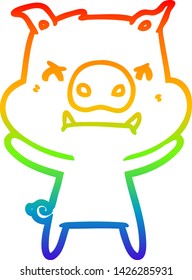 dibujo de una línea de gradiente de arco iris de un cerdo de caricatura enojado