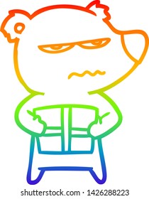 dibujo de la línea de gradiente de arco iris de un oso enojado sosteniendo la caricatura presente