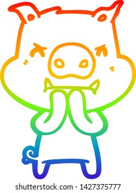 rainbow gradient line drawing of a angry cartoon pig
