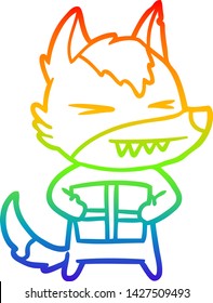 dibujo de una línea de gradiente de arcoiris de una caricatura de lobo de navidad furiosa