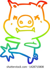 rainbow gradient line drawing of a angry cartoon pig karate kicking
