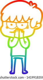 rainbow gradient line drawing of a annoyed cartoon boy