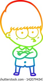rainbow gradient line drawing of a annoyed cartoon boy