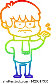 dibujo de una línea de gradiente de arcoiris de un chico de caricatura fastidiado