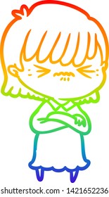 rainbow gradient line drawing of a annoyed cartoon girl