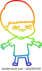 dibujo de una línea de gradiente de arcoiris de un chico de caricatura fastidiado