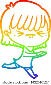 rainbow gradient line drawing of a annoyed cartoon girl