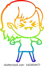 rainbow gradient line drawing of a annoyed cartoon vampire girl