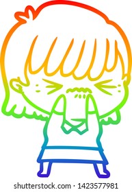rainbow gradient line drawing of a annoyed cartoon girl