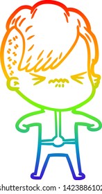 rainbow gradient line drawing of a annoyed girl in futuristic clothes