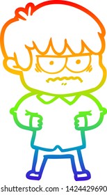 dibujo de una línea de gradiente de arcoiris de un chico de caricatura fastidiado