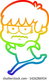 rainbow gradient line drawing of a annoyed cartoon boy