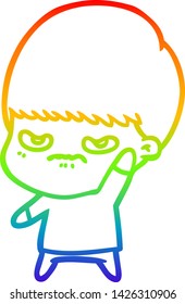 dibujo de una línea de gradiente de arcoiris de un chico de caricatura fastidiado