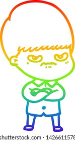 rainbow gradient line drawing of a annoyed cartoon boy
