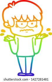 dibujo de una línea de gradiente de arcoiris de un chico de caricatura fastidiado