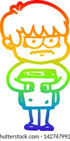 dibujo de una línea de gradiente de arcoiris de un chico de caricatura fastidiado