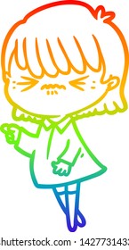 dibujo de la línea degradada del arcoiris de una fastidiada niña de dibujos animados haciendo acusación