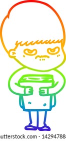rainbow gradient line drawing of a annoyed cartoon boy