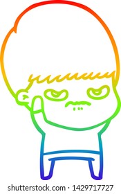 rainbow gradient line drawing of a annoyed cartoon boy