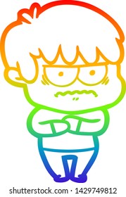 dibujo de una línea de gradiente de arcoiris de un chico de caricatura fastidiado