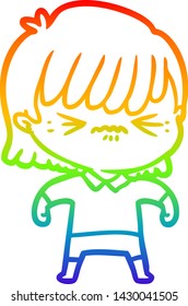 rainbow gradient line drawing of a annoyed cartoon girl