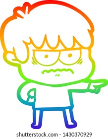 rainbow gradient line drawing of a annoyed cartoon boy